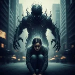 A conceptual image depicting fear as a shadowy, ominous figure with glowing eyes looming over a hunched, anxious person in a dark, distorted cityscape. The figure is made of dark, swirling energy, its presence seemingly warping the environment, emphasizing fear's pervasive and shaping influence.