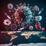 conceptual image illustrating the COVID-19 pandemic, featuring a large, textured virus particle floating above a world map. Around it are elements symbolizing healthcare, like syringes and a face mask, alongside symbols of hope and resilience, such as a blooming flower and a stylized human heart.