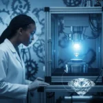 image of a lab-grown diamond forming in a high-tech laboratory chamber, illustrating the scientific process of synthetic diamond creation.