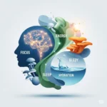 conceptual image representing focus, energy, sleep, and hydration